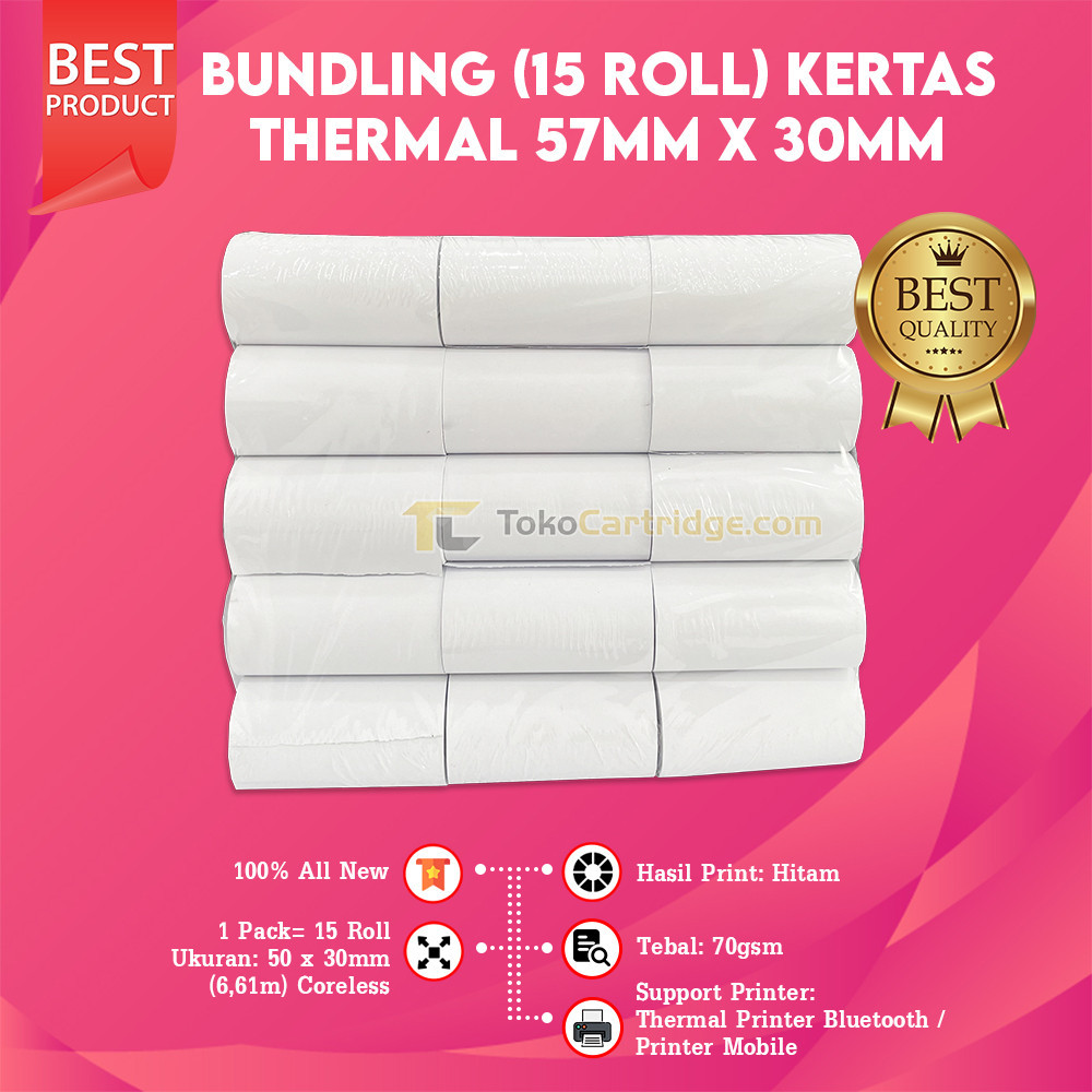 

New Kertas Kasir Thermall 15 Roll 57x30 57x30 58x30 58x30 EDC Thermall Core Tanpa Core