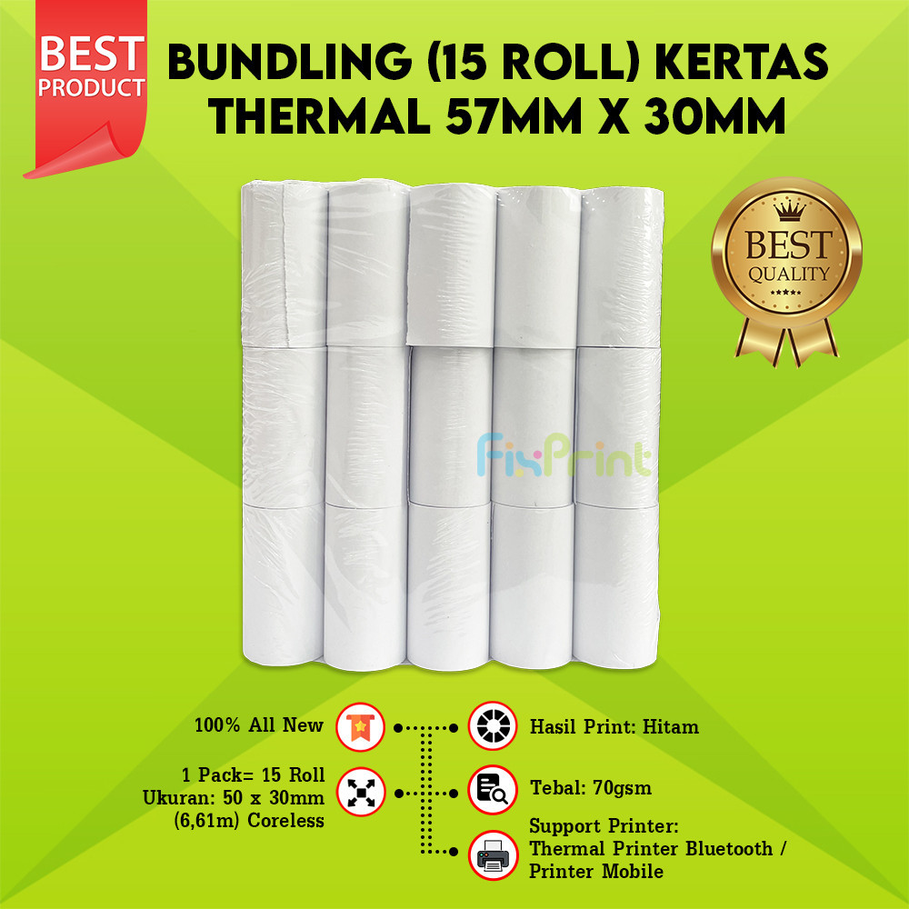 

New Kertas Kasir 15 Roll 57x30 57x30 58x30 58x30 EDC Thermall Core Tanpa Core