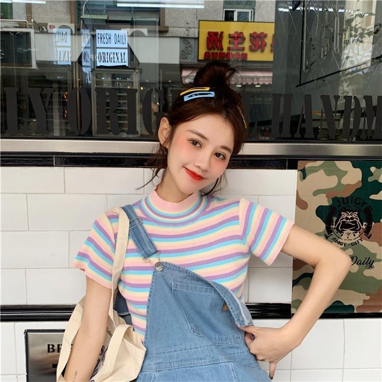 aesthethings - KYLO TOP | atasan leher tinggi krop model korea warna pelangi bahan rajut halus berku