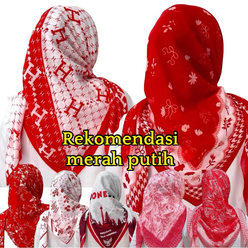 JILBAB SEGI EMPAT VOAL MOTIF MERAH PUTIH // kerudung segi empat voal motif BENDERA// hijab voal moti