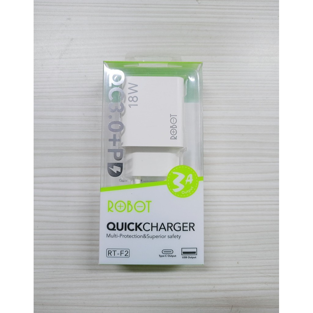 ROBOT RTF2 Charger 18W Dual Port USB Type c Dan USB a | Kepala Charger 3A Robot Fast Charging