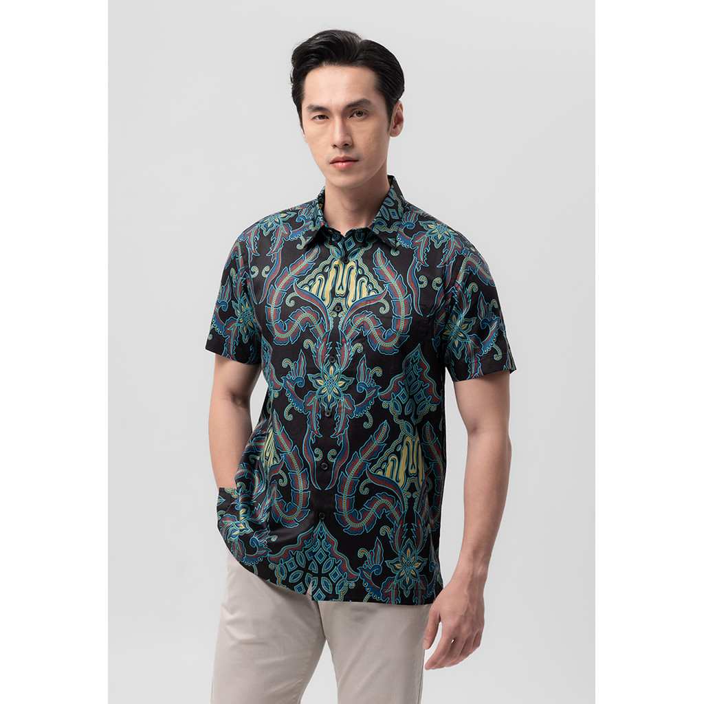 MANZONE - Kemeja Batik Lengan Pendek Ghautama Modern Fit -  Black