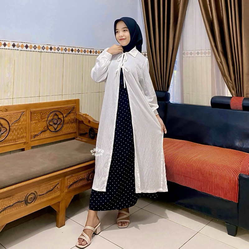 Marsya Dress Outer Tunik Putih Polo Linen Wanita Lengan Panjang Anti Lecek Korea Style Terbaru by Na