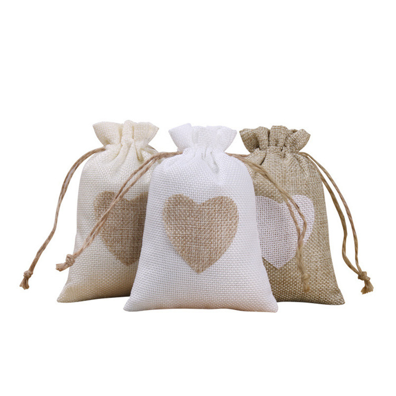 

5/10 Pcs/Lot Heart Adhesive Gift Drawstring Bags Christmas Party Favors Sacks Wedding Jute Burlap Pouches 8x10/10x14/13x18cm