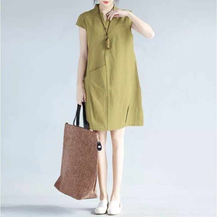 Dress Wanita Korea Laura Midi Linen Premium Polos Pakaian Kasual - Lime