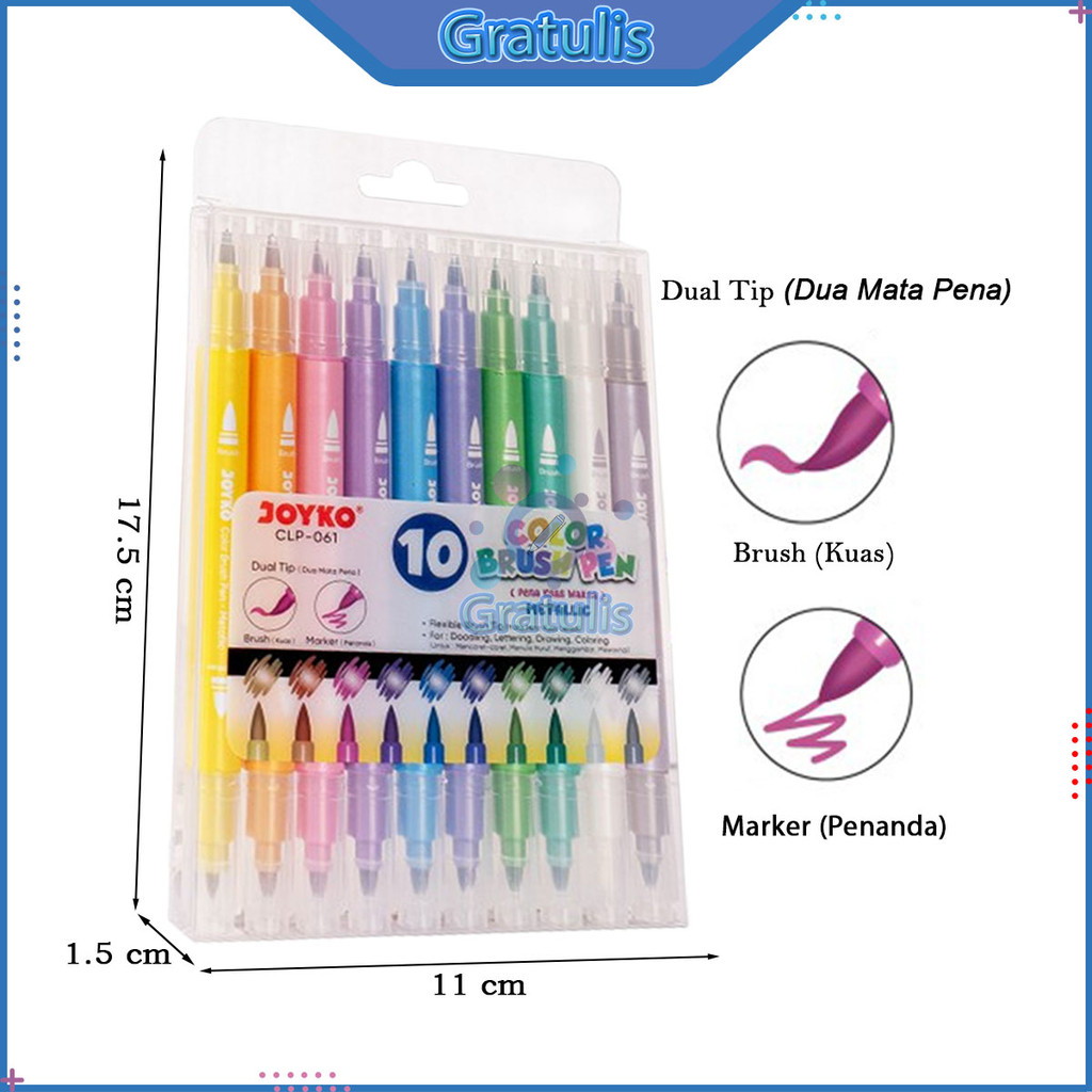 

COLOR BRUSH PEN JOYKO [CLP-061/1 PACK] / SPIDOL PENA WARNA METALLIC DUAL TIP / ALAT GAMBAR MEWARNAI LUKIS SKETSA / COLOUR MARKER 1 SET 10 PCS