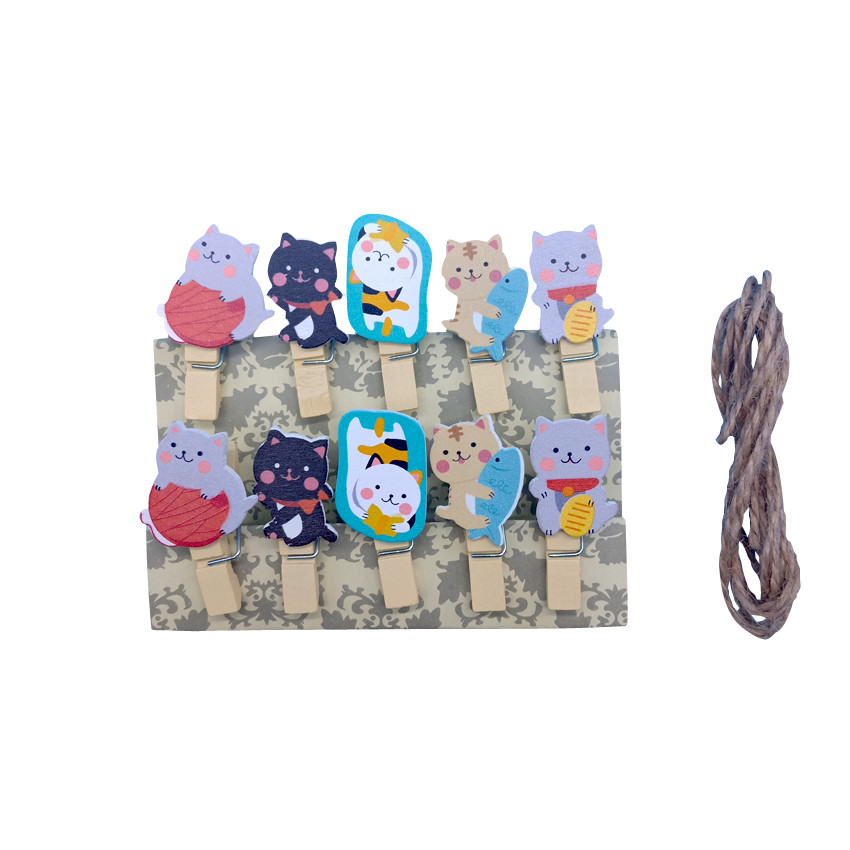 

10 Pcs/lot New Year Fortune Cat Wooden Paper Clip For Album Message Mini Natural Wooden Clips Craft Decoration Clips Pegs