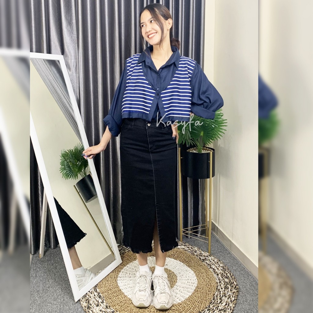 KEMEJA WANITA KS POLO AGNES LINEN KOMBI SALUR WANITA KEREN