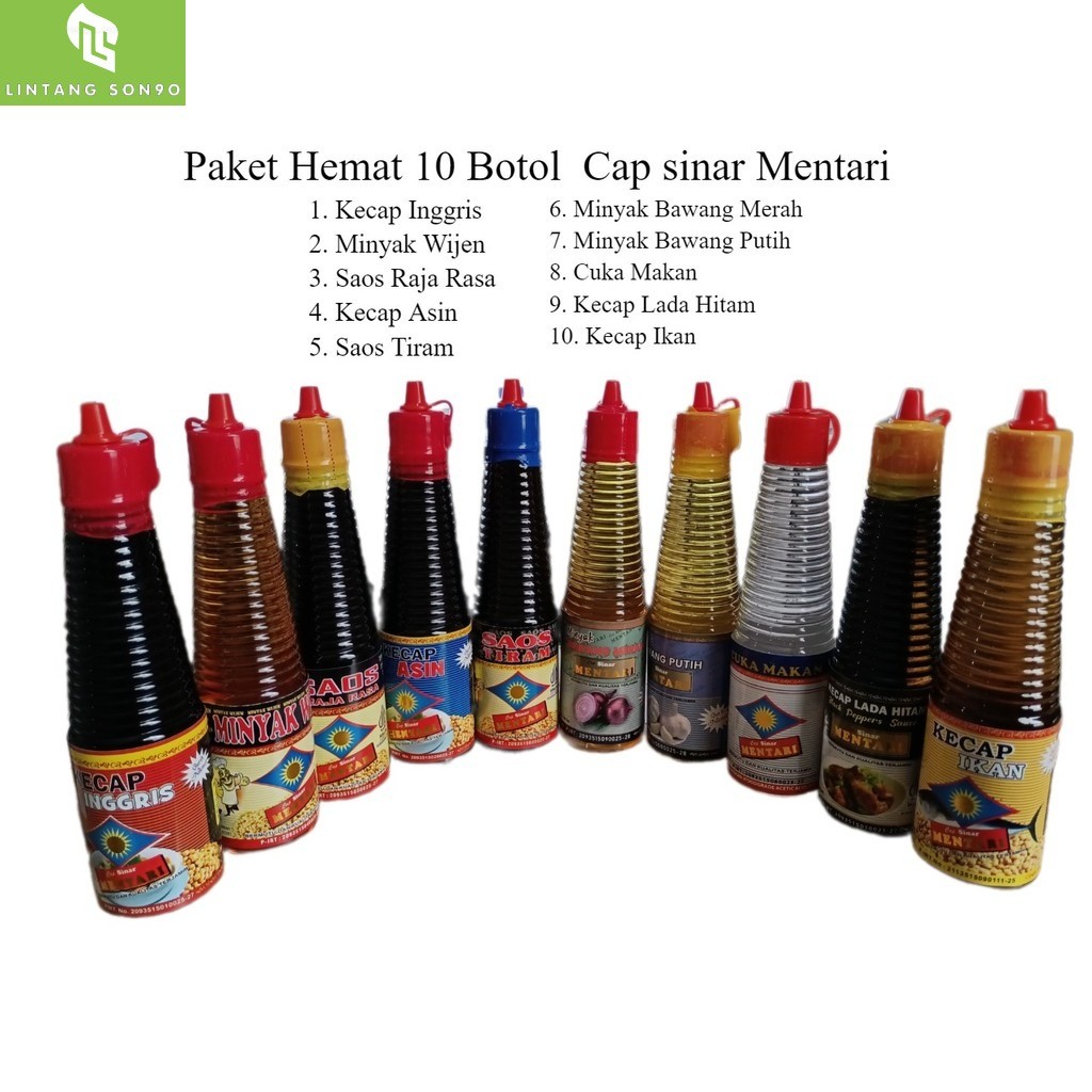 

PAKET Ekonomis 10 Botol Cap sinar Mentari 150 ml - Kecap Inggris, Minyak Wijen, Saos Raja Rasa, Kecap Asin, Saos Tiram, Minyak Bawang Merah, Minyak Bawang Putih, Cuka Makan, Kecap Lada Hitam, Kecap Ikan