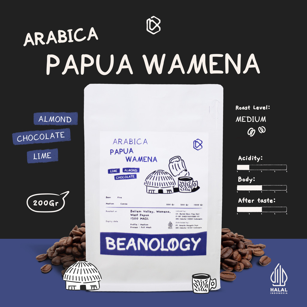 

Biji kopi bubuk Arabika Papua Wamena 200G Single Origin Grade 1 Coffee Roasted Bean -Beanology Coffee