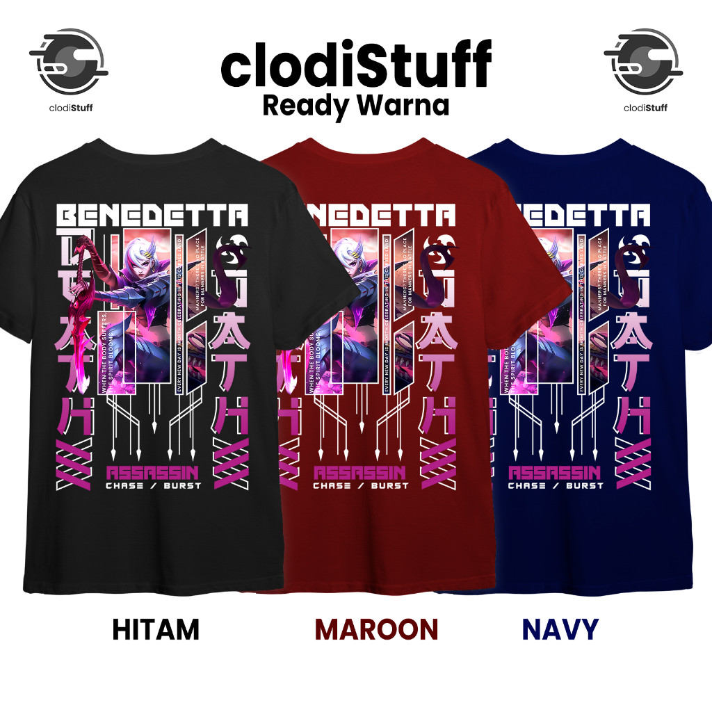Kaos BENEDETTA COLLECTOR Mobile Legends Skin Assassin ML MLBB Lengan Pendek Hitam Combed 30s