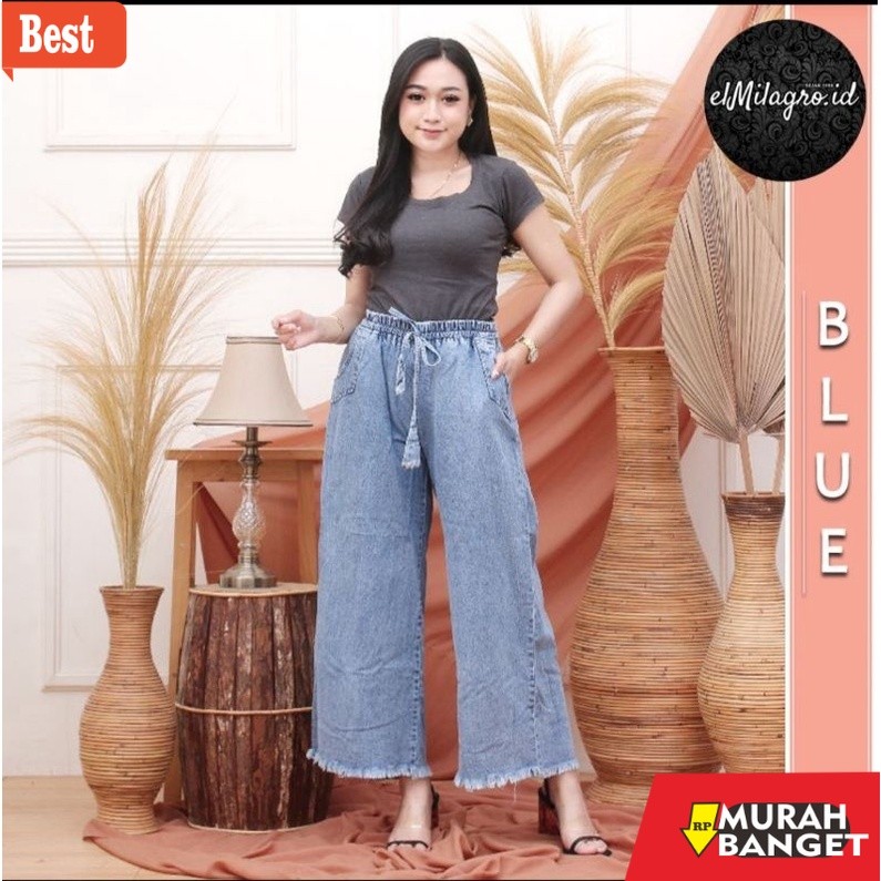 celana kulot wanita terbaru Kulot Rawis Jeans Pinggang Karet Snow Blue Celana Jeans Kulot Wanita Kek