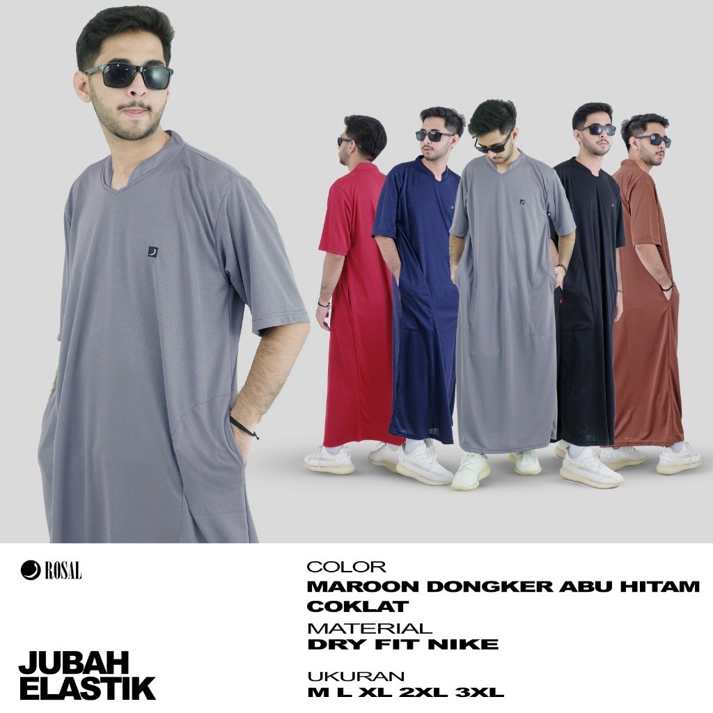 Jubah Elastik ROSAL - Baju Jubah Gamis Pria lengan pendek polos bahan kaos jersey dry fit