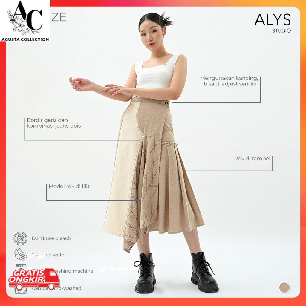 Rok Korea / Alys Studio - Ulos Cream skirt | Rok Wanita Kasual | Rok Wanita Kerja | Rok Rempel