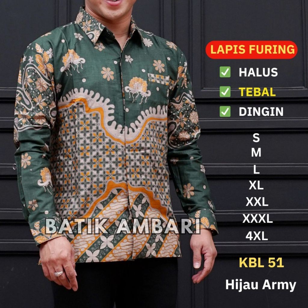 Kemeja Batik LAPIS FURING Lengan Panjang Pria STANDAR JUMBO XXXL 4XL Hijau Army Batik Ambari KBL 51