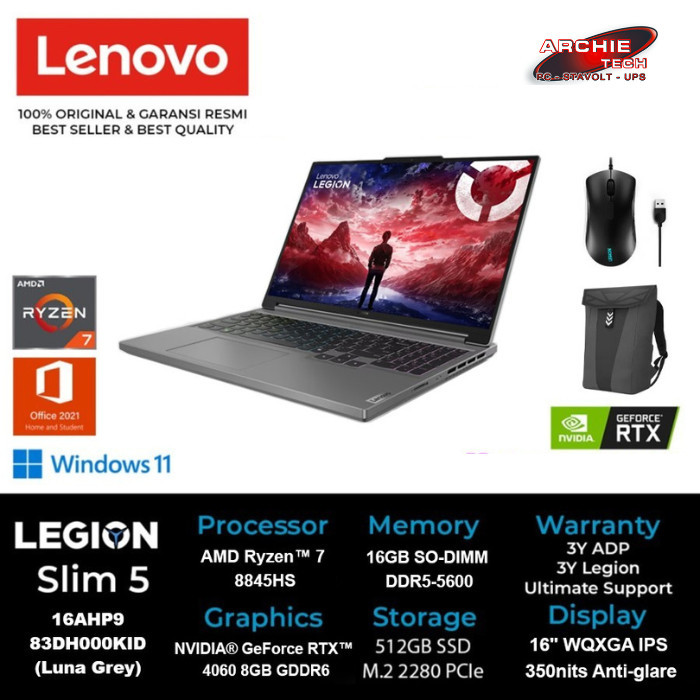 LENOVO LEGION Slim 5 16AHP9 83DH000KID Ryzen 7 8845HS 16GB 512GB 4060 W11 OHS Luna Grey - 16 gb