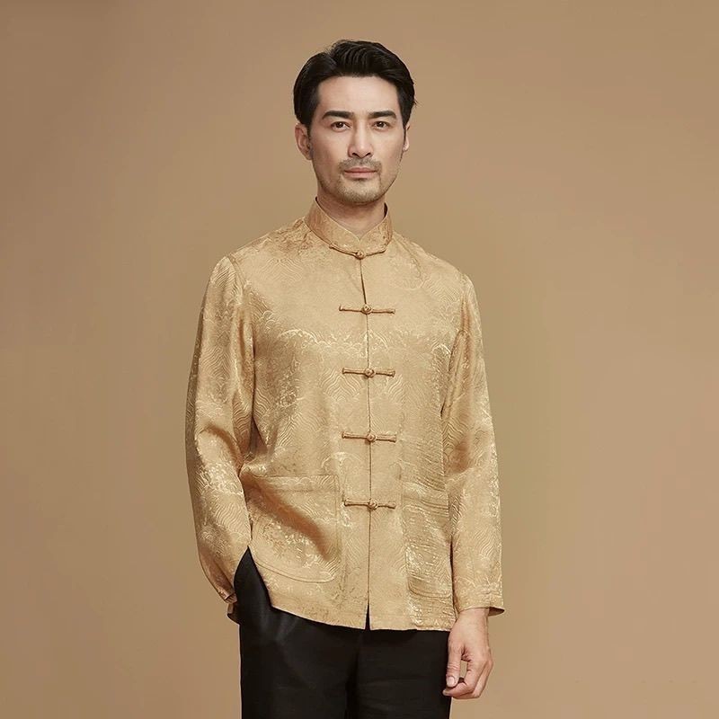Kemeja jas Tang pria musim semi dan musim gugur blus emas lengan panjang gaya Cina pakaian pernikaha