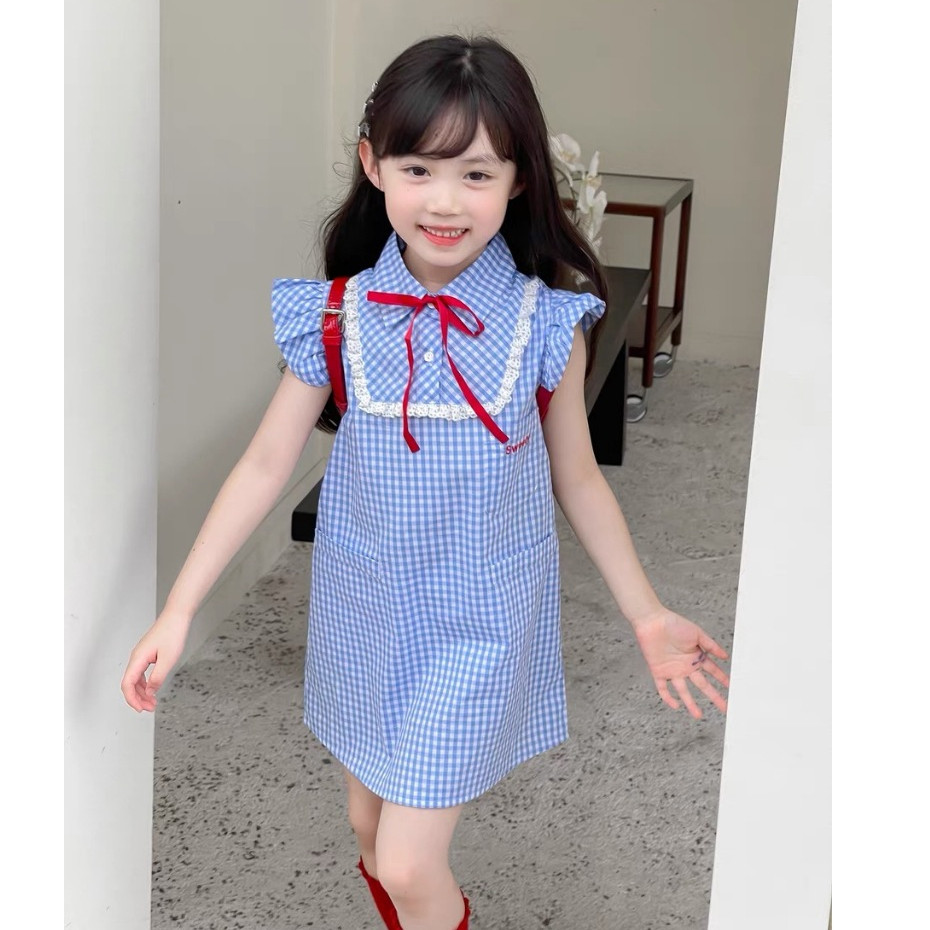 Korean Dress Anak Perempuan Dress putri Dress Gaya akademi Kisi-kisi biru Lengan baju terbang kecil 