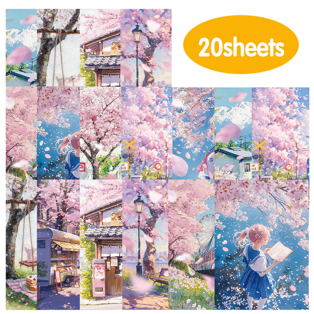 

20sheets (14x10.5) Cm Cherry Blossom Landscape Stickers Are Used for Decorating Cardstock, Hand-cut Books, Posters and Wallpaper