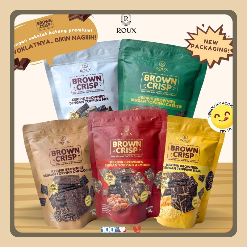 

ROUX BROWN CRISP Keripik Brownies Brownies 60g Crispy Kering Topping Almond Cheese Chocochip Cashew