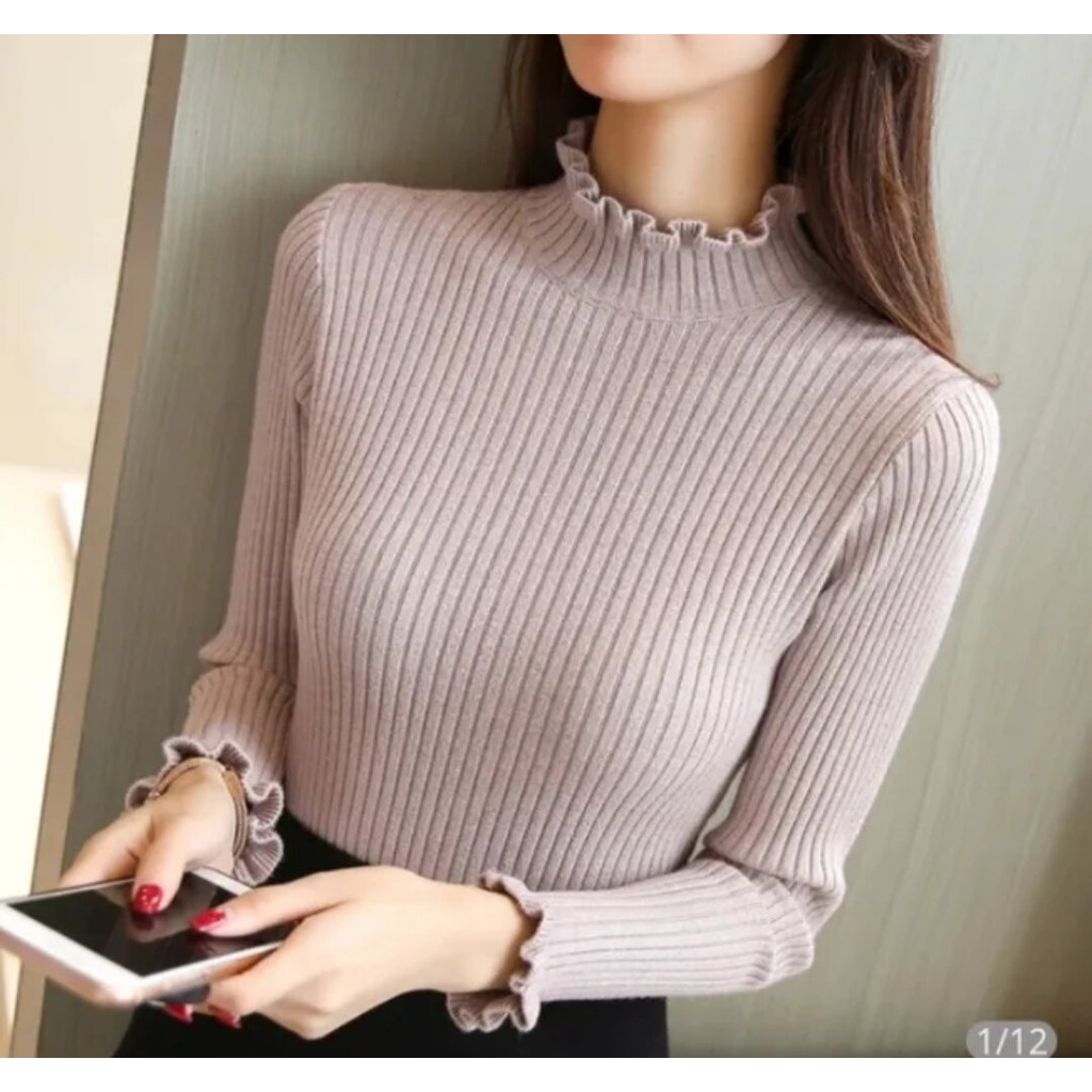 PAKAIAN RAJUT WANITA KEKINIAN TURTLENECK KRIWIL BAJU RAJUT ATASAN WANITA MOTIF KRIWIL LENGAN PANJANG