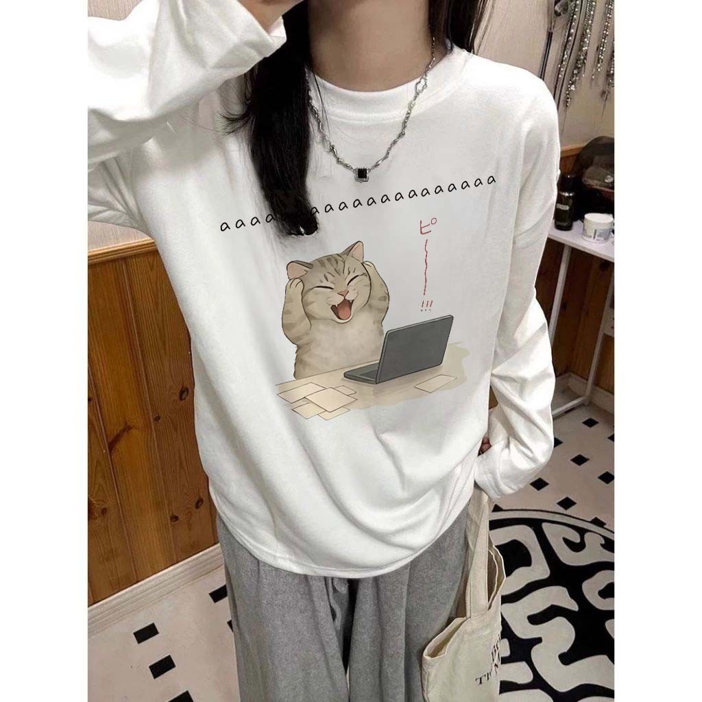 Qlioo Baju Kaos Korean Style Cetakan Anak Kucing Yang Lucu T-shirt Lengan Panjang Atasan Wanita Keki