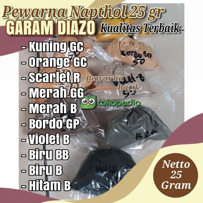 

PEWARNA NAPTHOL 25 GRAM UNTUK PEWARNA BATIK/JUMPUTAN/TIEDYE - GARAM DIAZONIUM NAPTHOL