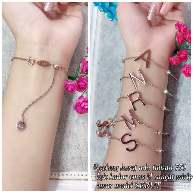 Gelang Rantai Serut Huruf Rosegold Titanium Anti Alergi