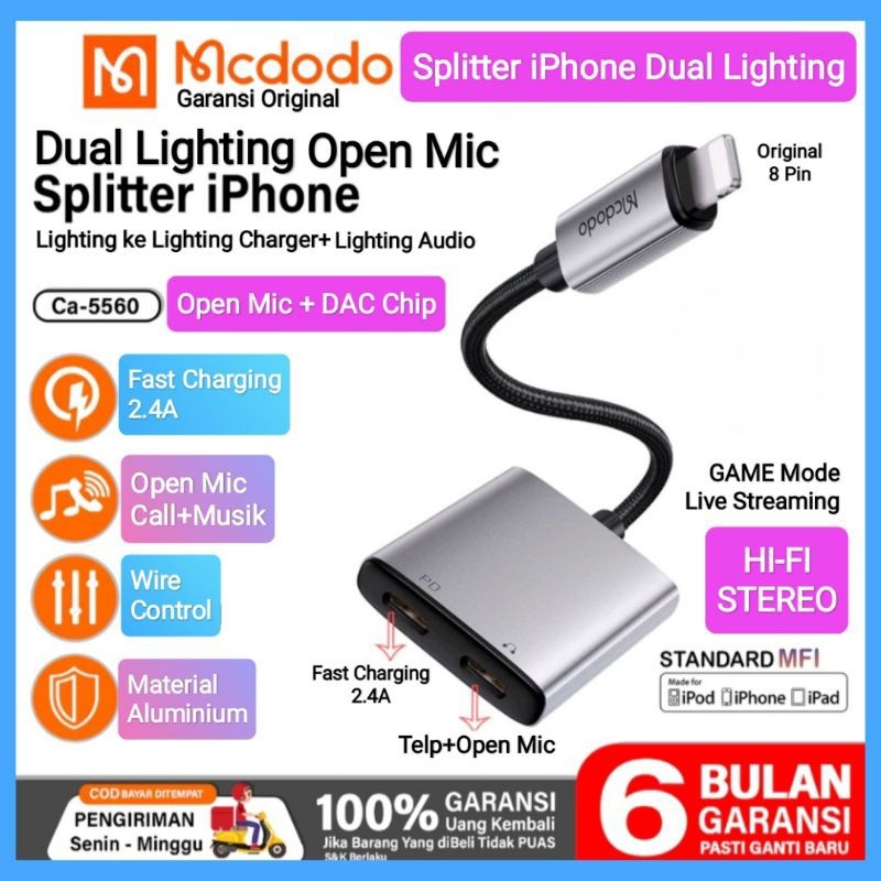 Mcdodo Adapter Converter Splitter iPhone Lighting ke Dual Lighting Open Mic DAC Chip