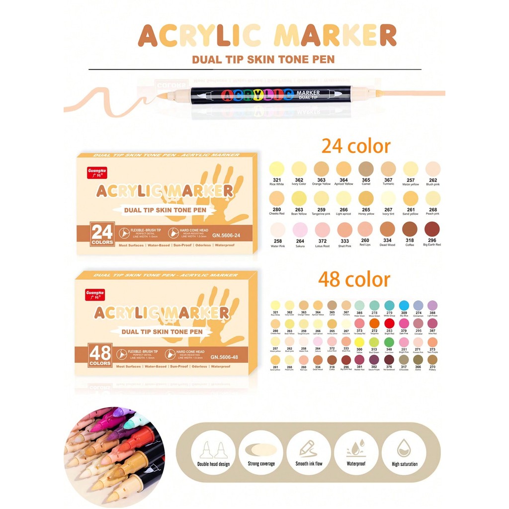 

24/48 Colors Dual Tip Skin Tone Acrylic Marker Pens, Soft Bristles Brush, Student Drawing, DIY Hand Drawn,Paint Art ,GN.5606