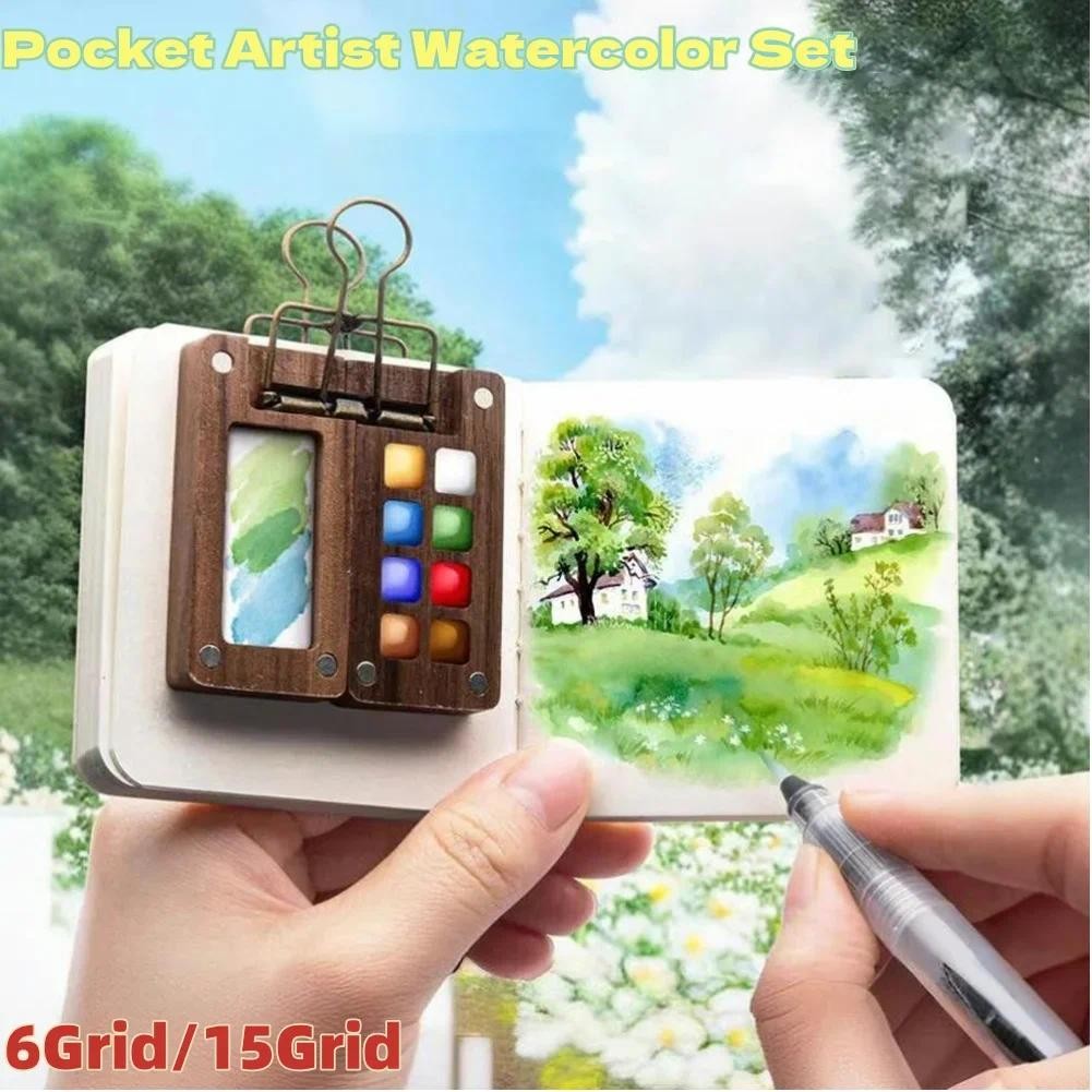 

Pocket Artist Watercolor Set Travel Paint Palette Portable Watercolor Set Wooden Grid Paint Box Gift for Kids
