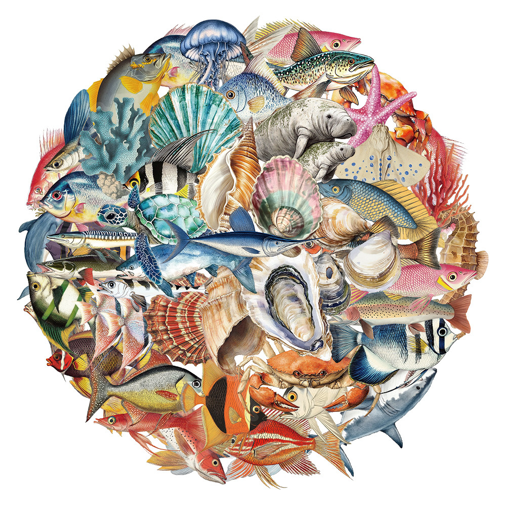 

50PCS Marine Organisms Shark Shell Jellyfish Stickers Water Cups PET Handbooks Material Waterproof Stickers