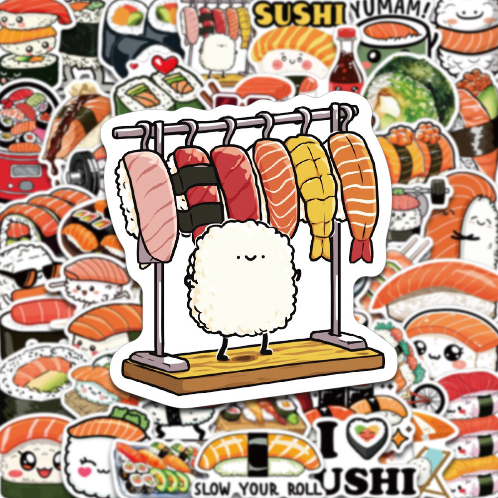 

50PCS Cute Cartoon Sushi Cute Graffiti Sticker Funny and Fun Food Daily Waterproof PVC Stickers Decorative Stationery