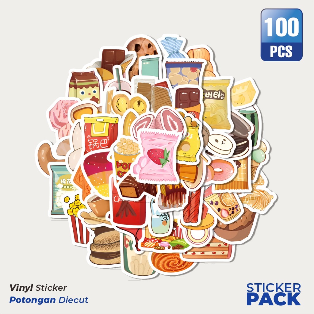 

Super Hemat! 100 PCS Stiker Cemilan Makanan Santai Waterproof Aesthetic- Untuk Laptop, Motor, dan Helm - Paper Stationery Pack