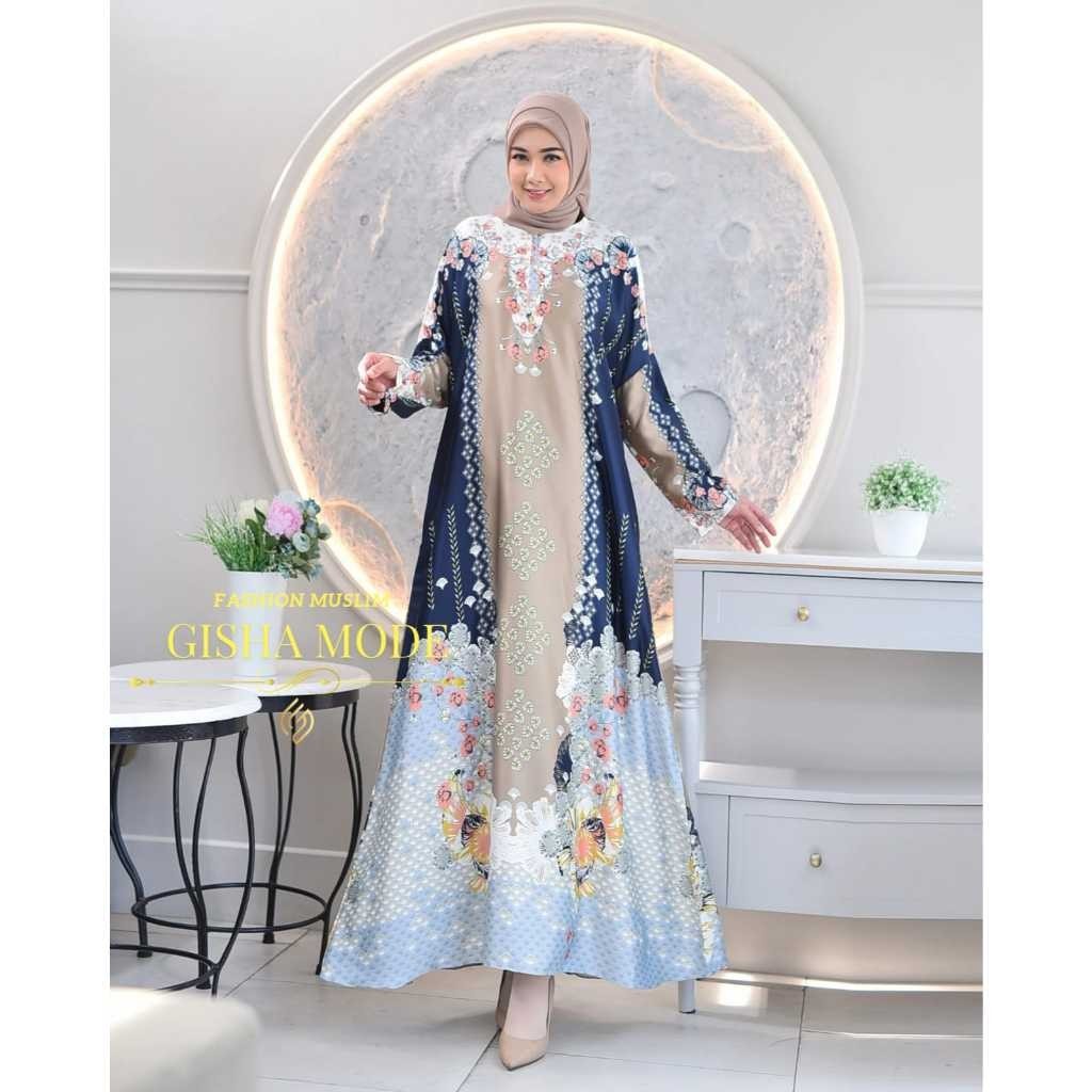 Gisha Collection-MEDINNA Gamis Abaya Bahan Silk Premium |Gamis Motif Jumbo Ld 130 cm Warna Navy,Crea