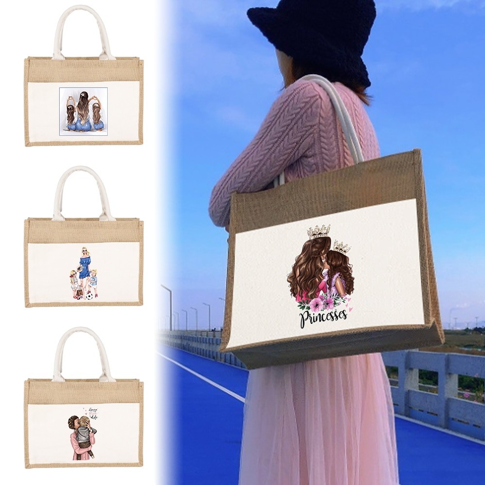 Tas belanja Jute Bag Handbag Linen Shoulder Bag Jute Linen Shopping Bags Family Family Mother Design