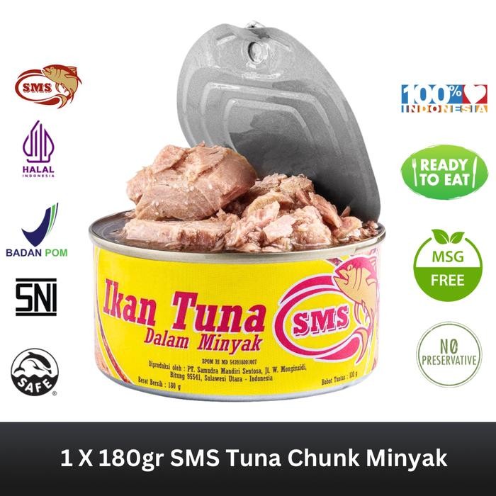 

[TERLARIS] Ikan Tuna kaleng SMS - Tuna Chunk dalam minyak 180gr Low Fat Non Msg Oil[TERLARIS ]