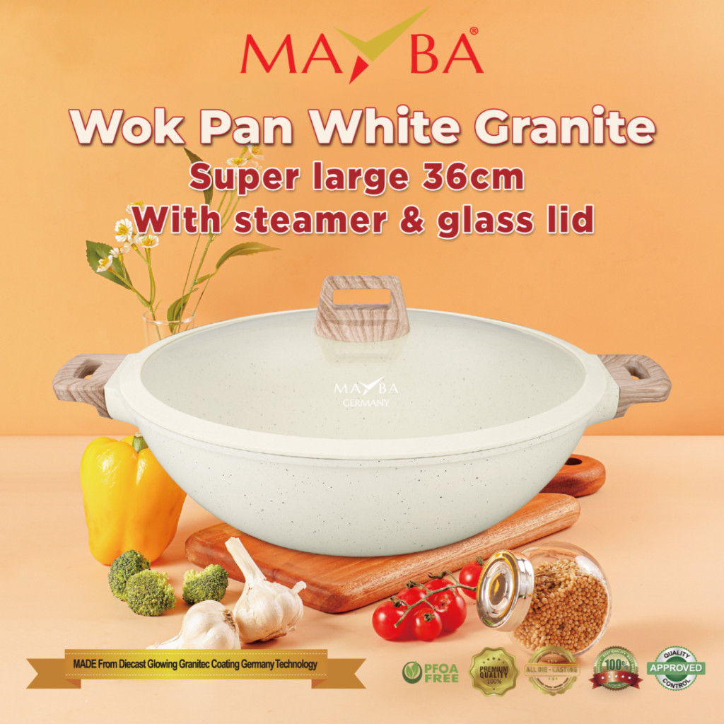 KUALI WOK PAN TERBESAR Mayba 36cm wajan penggorengan wokpan steamer panci marbel granit antilengket