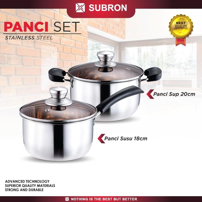 SUBRON Set Panci Sup 20cm dan Susu 18cm Stainless Milk Pot tutup Kaca Kitchenware - - Subron Panci -