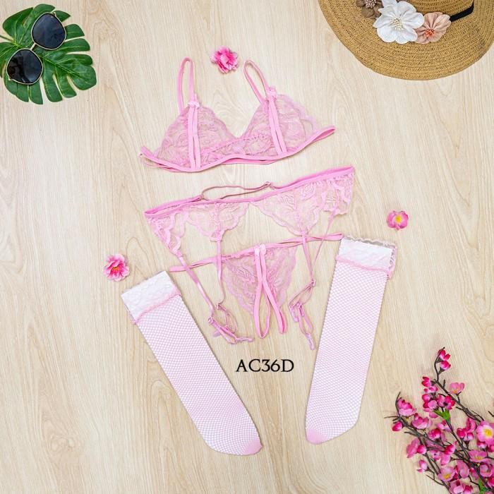 Garter Belt + Underwear Seksi Bra Set + Lingerie Stocking Pink AC36D