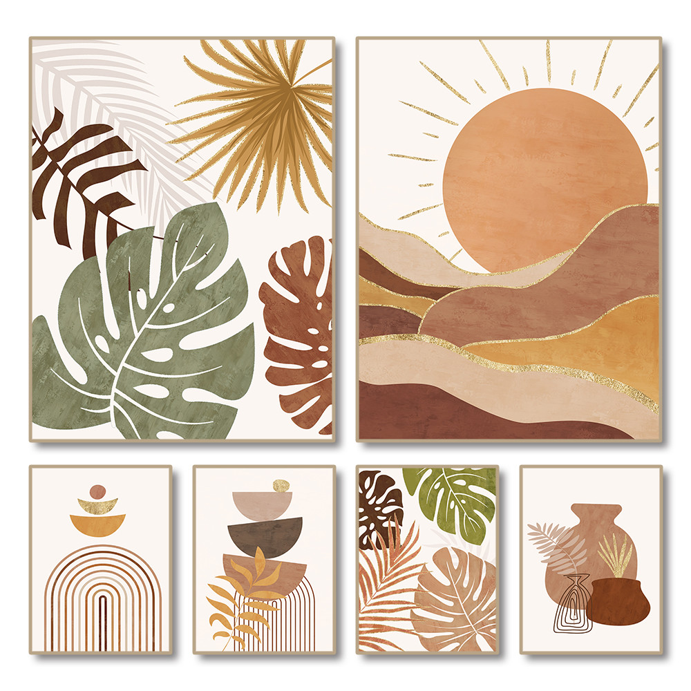 

Boho Abstract Aesthetic Canvas Painting Geometric Lines Wall Art Leaves Desert Bottles Posters Prints Home Decoration Mural