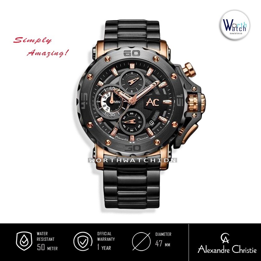 Jam Tangan Pria Besar Alexandre Christie AC9205 AC 9205 Chronograph Black Rose Gold Stainless Steel