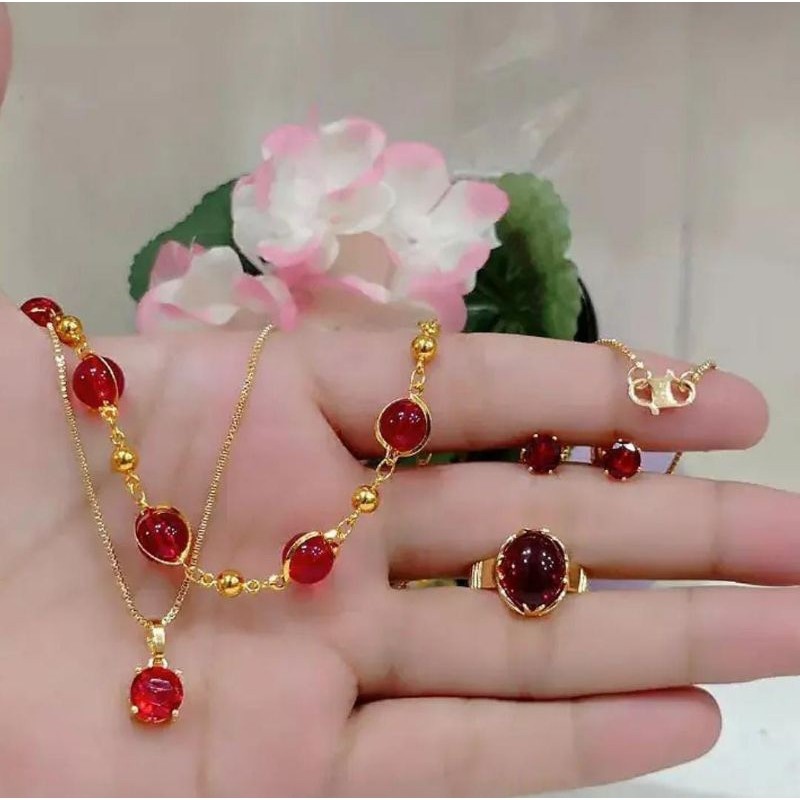 COD Set Perhiasan Batu Merah Titanium Wanita Dewasa Kilau