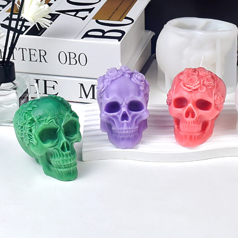 

New Halloween Skull Silicone Candle Molds 3D Relief Flower Skull Crafts Resin Plaster Soap Making Mold Home Art Halloween Gift
