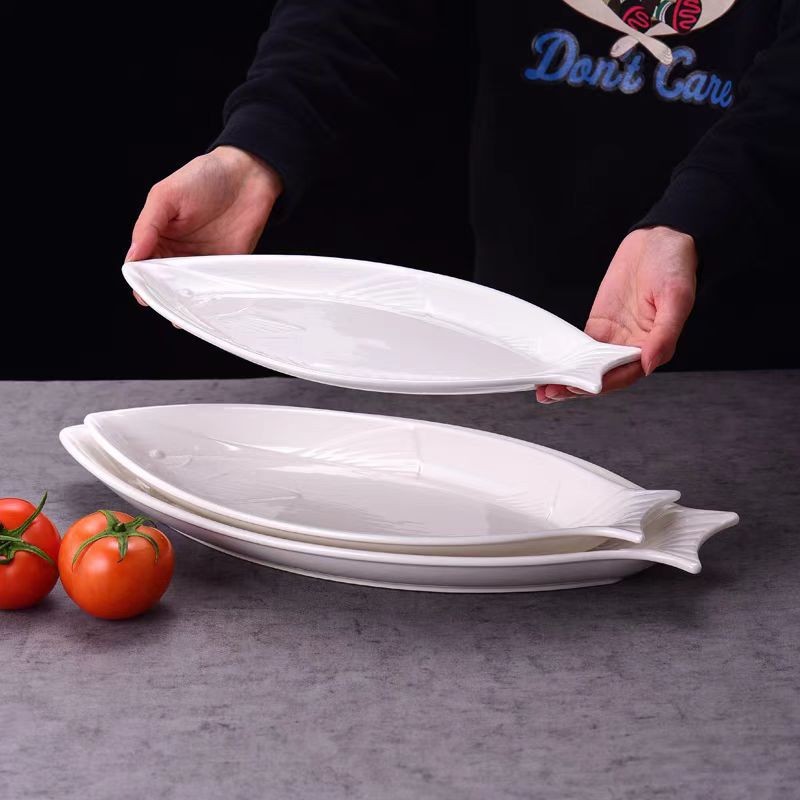 Piring Oval Model Ikan Keramik Unik Hotelware Tebal Putih Piring Saji Besar Fish Tray