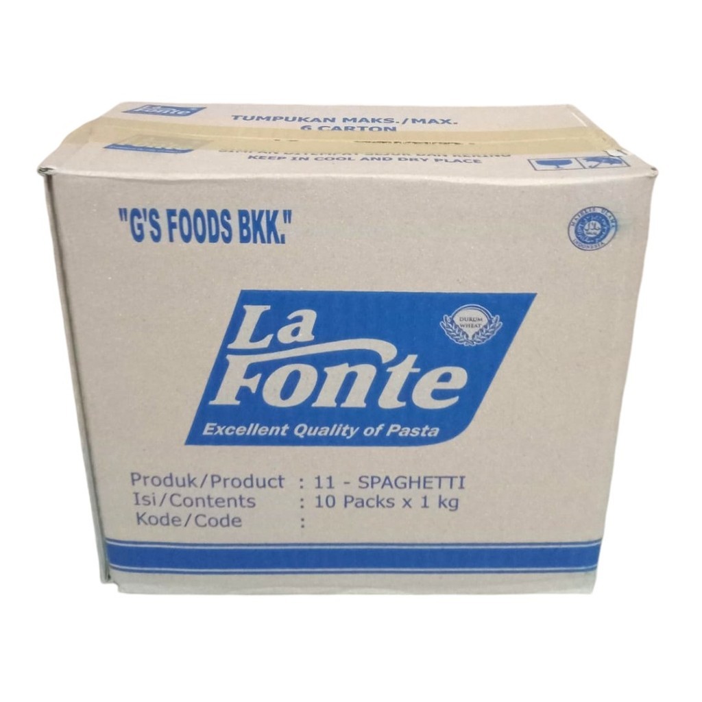 

Pasta spageti La Fonte spaghetti mentah instan 10 x 1 kg 1kg (1 DUS)