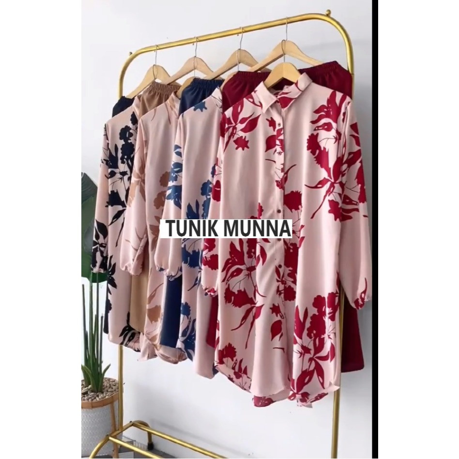 MUNNA TUNIK SET CELANA Setelan Tunik Wanita Motif Bunga Panjang Muslim