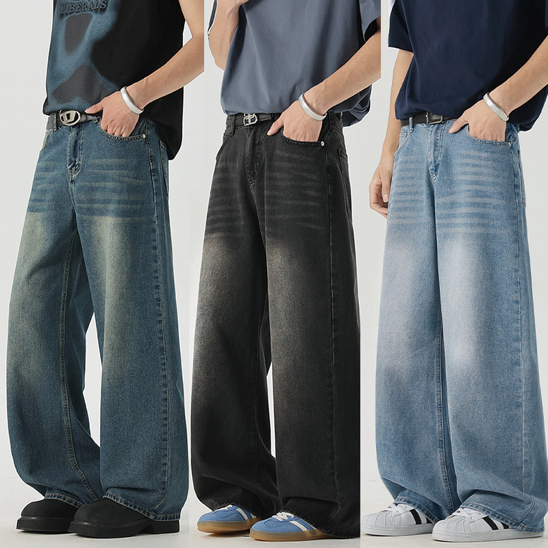 Celana jeans pria retro biru Korean style panjang baggy pants gombrong casual premium denim dewasa c