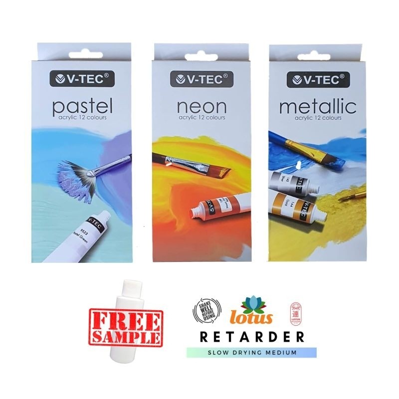 

V-TEC Acrylic Colour Pastel Neon Metallic Set 12 Warna x 6ML Tube