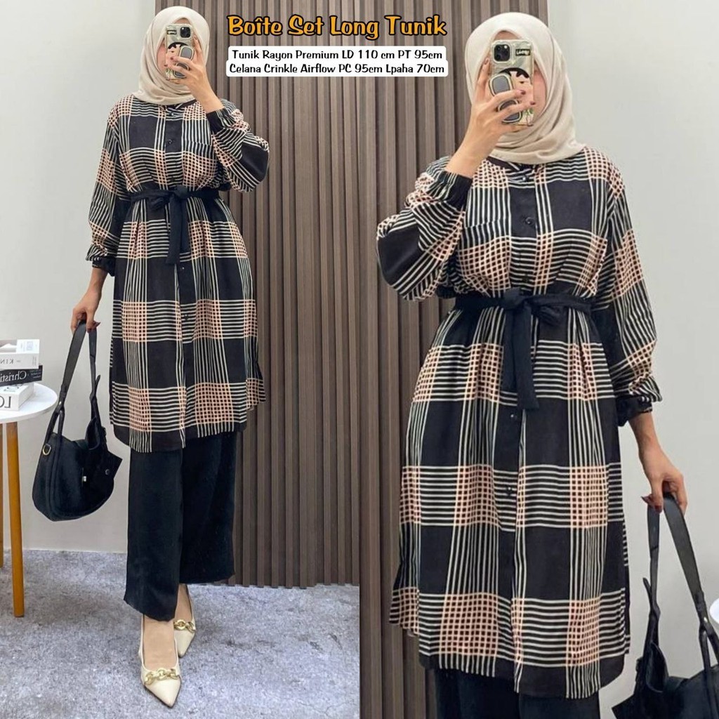 Boîte Set Long Tunik  - One Set Wanita Long Tunik Rayon Premium Setelan Wanita Kekinian Celana Kulot